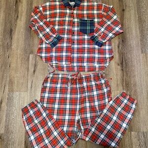 Esleep Pjams Plaid Flannel Pajama Set Long Sleeve Pants Large 100% Cotton Red